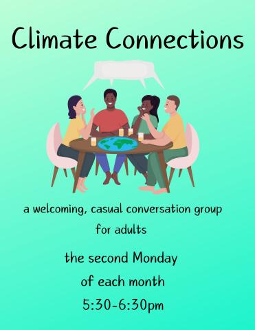 gradient green background with a group of diverse people at a table with the earth on top in conversation