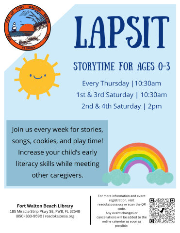 Image is a flyer with a blue background and images of a rainbow and sun. It reads "Lapsit. Storytime for ages 0-3" and contains all of the information found in the event details.