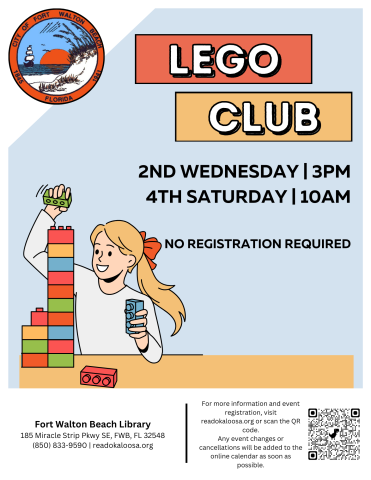 Image is a flyer with a blue background and a cartoon image of a child playing with blocks. It reads "Lego Club" and contains information found in the event details.