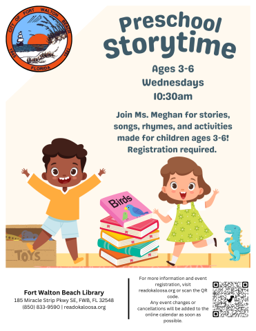 Image is a Preschool Storytime Flyer with a tan background and two children jumping around with books, a toy dinosaur, and a treasure chest. It contains all the information found in the event details.