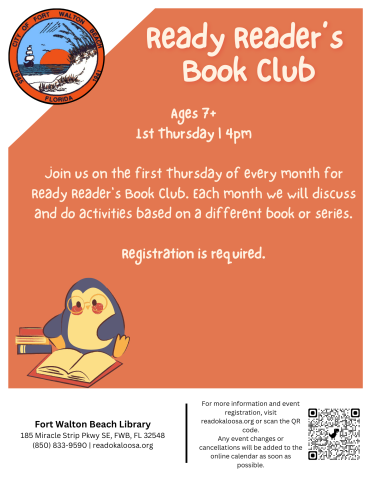 Image is a flyer with an orange background and a cartoon image of a penguin reading. It reads "Ready Reader's Book Club" and contains all of the information found in the event details.