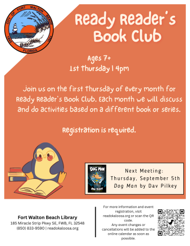 Image is a flyer with an orange background and a cartoon image of a penguin reading. It reads "Ready Reader's Book Club" and contains all of the information found in the event details.