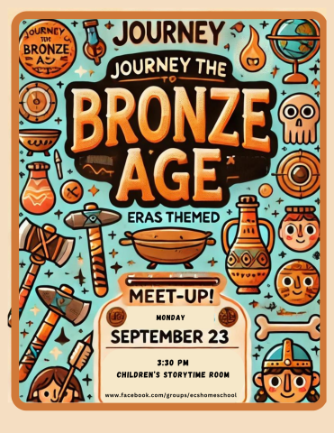 Image has a teal background with various cartoons to depict the bronze age. It contains the information found in the event details.