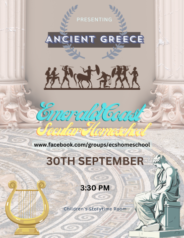 Image has a light background with images of ancient Greek instruments. It contains the information found in the event description.