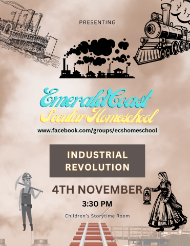 Image has a brown background with images of a train and other industrial revolution themed cartoons. It contains information found in the event details.