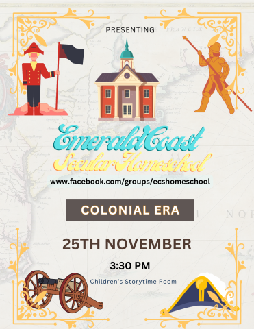 Image has a light background with colonial-themed images. It contains information found in the event details.