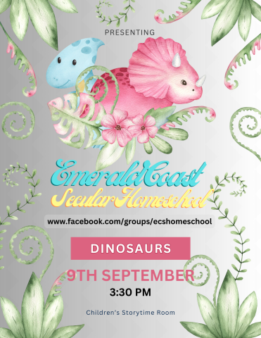 Image has a grey background with pink and blue cartoon dinosaurs. It contains information found in the event details.