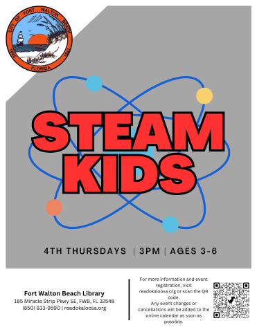 Image has a grey background with a science symbol and says "STEAM Kids."