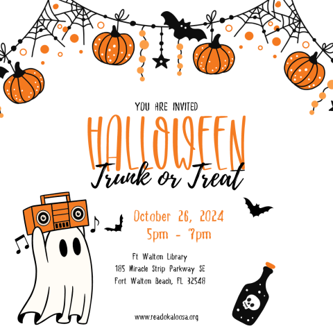 Image has a white background with a ghost and various orange, black, and white Halloween decorations. It contains information found in the event details.