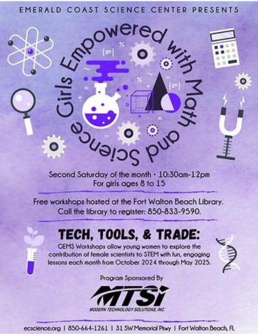 Image is a flyer by Emerald Coast Science Center for the GEMS program. It has a purple background with science-related things on it and contains information found in the event details.