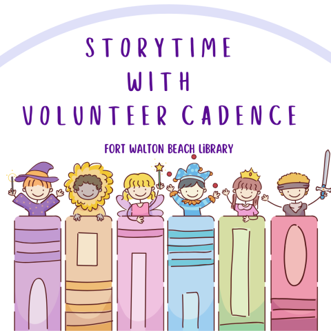 Picture has a white background with children peeking out of books. It reads "Storytime with Volunteer Cadence."