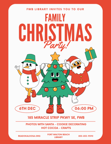 Image is a flyer for the family Christmas party with a red and white background and cartoon images of santa, a snowman, and a Christmas tree. It contains information found in the event details.