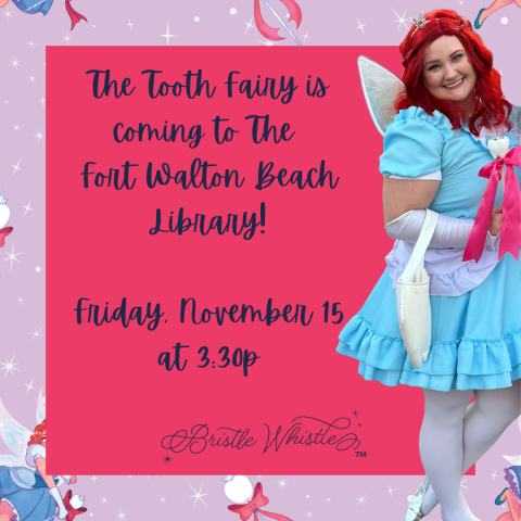 Image is a colorful flyer with information about the event. It has a photo of someone dressed up as the tooth fairy on the side.