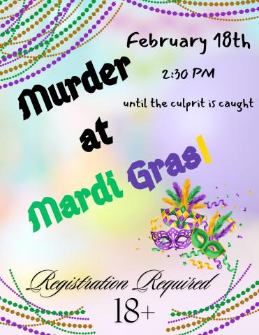 Gold, purple, and green beads on top and bottom with a muted same colored background and masquerade masks with feathers and program details.