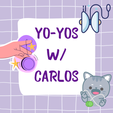 Image has a purple checkered background and cartoon pictures of yo-yos. It reads "Yo-yos w/ Carlos."