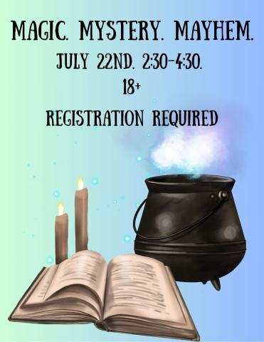 pale blue and green gradient background with a smoking potion cauldron, 2 candles, and an open book as well event details.