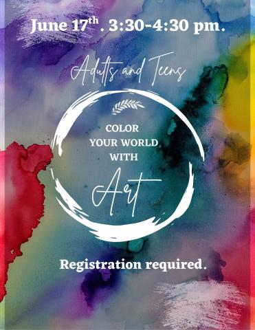 bright water color background with a white painted circle and event details