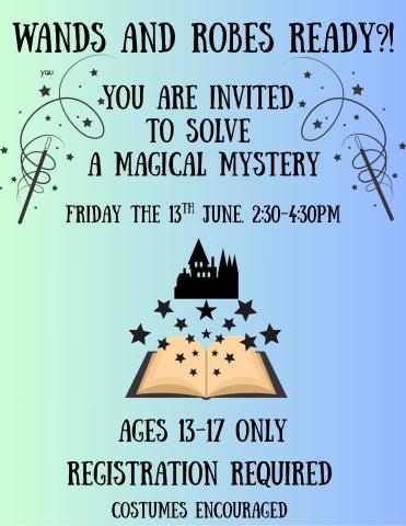 gradient blue and green background with a book, castle, stars, and spell casting wands and event details