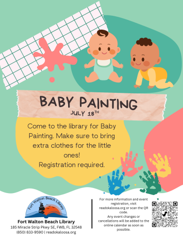 Image has a green background with paint hands and babies. It includes information found in the event description.