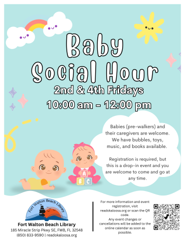 Image is a flyer with a light blue background and cartoon images of babies, a sun, and a rainbow. It contains the information found in the event description.
