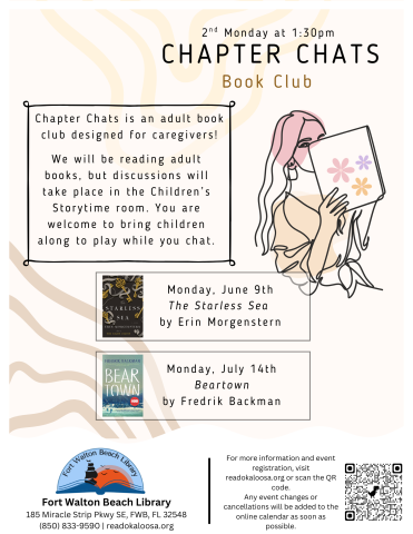 Image is a flyer with a tan background with a line drawing of a person reading a book. It reads "Chapter Chats" and contains the information found in the event details.