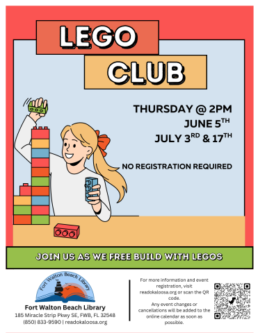 Image has a blue and red background with a cartoon kids playing with legos. It contains information found in the event description.