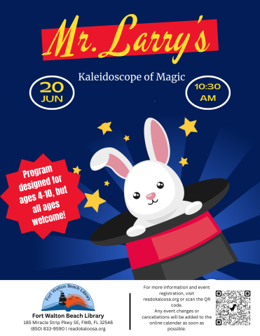 Image has a dark blue background with a cartoon rabbit coming out of a magic hat. It contains the information found in the event description.