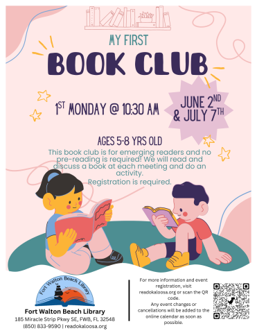 Image is a pink flyer with cartoon pictures of two kids reading. It contains the information found in the event description.