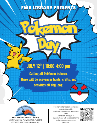 Image has a blue background and an image of Pikachu and a pokeball. It contains information found in the event description.