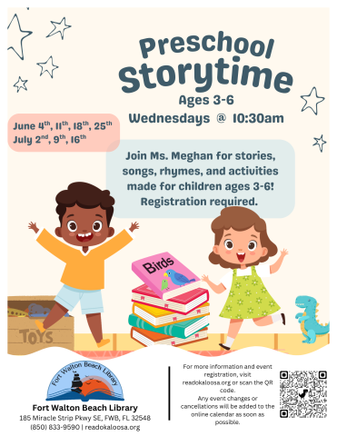 Image is a flyer with a tan background and cartoon images of kids and books. It contains the information found in the event description.
