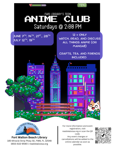 Image has a black background with pixelated images of towers in purple, blue, and pink and a bench and trees. It contains information found in the event description.