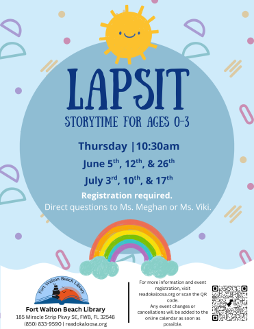 Image has a blue background with sun and rainbow doodles. It contains information found in the event description.