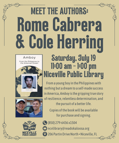 Meet the Authors: Rome Cabrera & Cole Herring event flyer