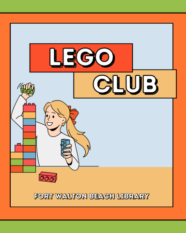 Image has a cartoon image of a kid building a lego tower on a table. It says "Lego Club".