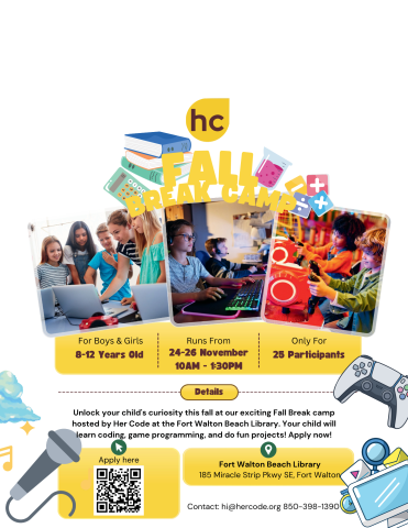 Image is a Her Code flyer with pictures of kids at computers and the details found in the event description. It also includes a qr code to apply.
