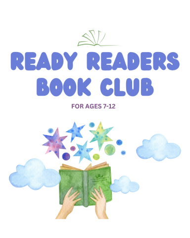 Image has a watercolor image of hands holding a book open with stars coming out. It reads "Ready Readers Book Club".
