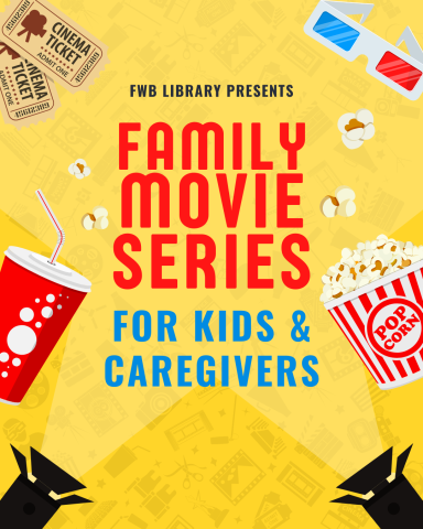 Image has a yellow background with pictures of various movie theater accessories around it. It contains information found in the event description.