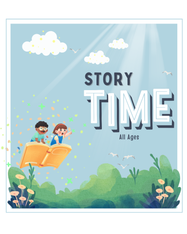 Image has 2 kids flying on a book and reads "Storytime. All ages."