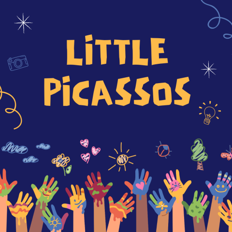 Image has a dark purple background with children's paint-covered hands reaching up. It reads, "Little Picassos".
