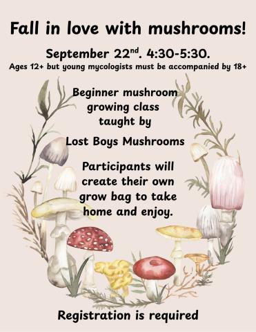 Horseshoe shape wreath of mushrooms with a pale brown background and event details.