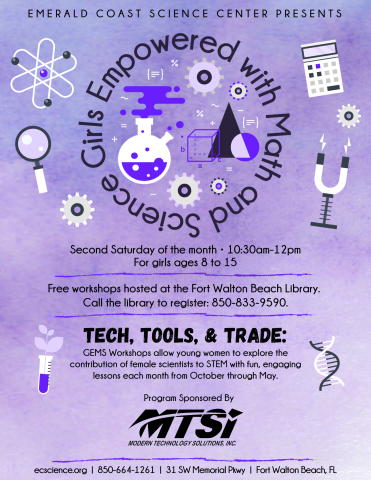 Photo is a flyer with a purple background and various science images. It includes information found in the event description.