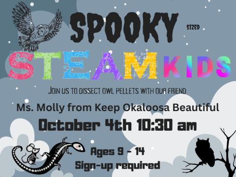 night sky background with owls and critter skeletons and event details