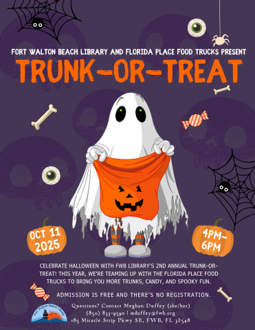 Image has a dark purple background with a ghost trick or treating. It contains information found in the event description.