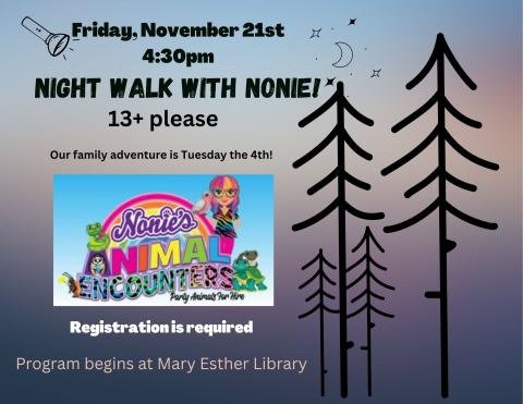 twilight trees background with Nonie's logo and event details