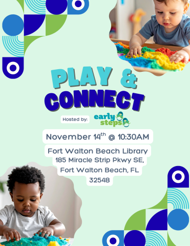 Image is a light green flyer with images of babies in two corners. It reads "Play & Connect" and includes information found in the event description.