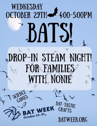 blue sky background with flying bats and event info