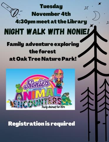 twilight tree background with Nonie's logo and event details
