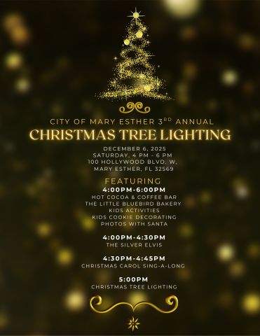Green background with string lights and Christmas trees with event details