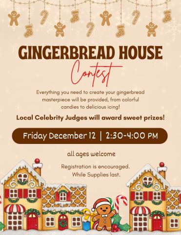 tan background with gingerbreadhouses all along the bottom and gingerbread garland across the top with event details