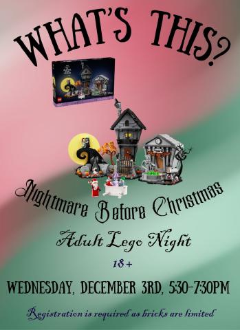 red and green background with Nightmare Before Christmas LEGO photo and event details